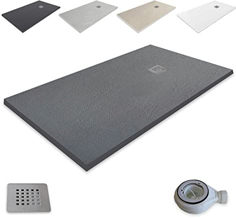 Extra-flat Resin Shower Tray outletaseo – All Sizes Available – Non-Slip Slate Texture – Includes Waste Valve + Grate (160x80, GRAPHITE RAL 7021)