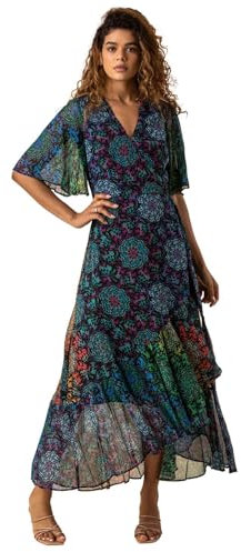 Roman Originals Frill Dress for Women UK Ladies Summer Wrap Chiffon Frill Hem Layered Belted Midi Maxi Tiered Cape Special Occasion Fit & Flare Wedding Guest Swing Skater - Multi - Size 18