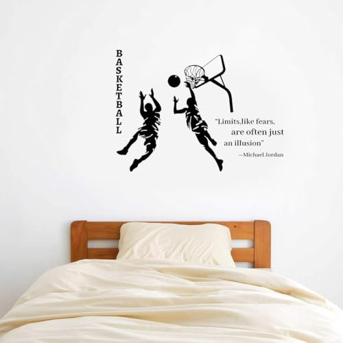 PLIGREAT Basketballspieler Wandaufkleber, Jordanien Inspirational Zitat Wandaufkleber, Basketball Silhouette Wandaufkleber für Jungen Zimmer Wohnzimmer Schlafzimmer