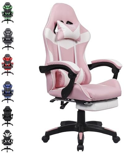Neo Executive PU Leather Massage Sport Racing Gaming Home Office Computer Chair Lumbar Back Support Footrest (Pink)