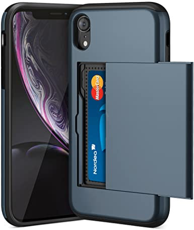 ACOCOBUY for iPhone XR Case with Card Holder Sliding Cover Hidden Pocket IDs Credit Cards Slot Heavy Duty Shockproof Protective Dual Layer Wallet Phone Cover Back Shell for Men Women 6.1 inch Navy