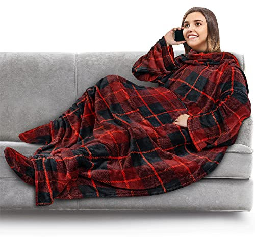 PAVILIA Couverture polaire avec manches et poches de pieds pour adulte, couverture à enfiler en peluche, robe chaude et douillette, cadeau confortable pour épouse, maman, motif écossais rouge