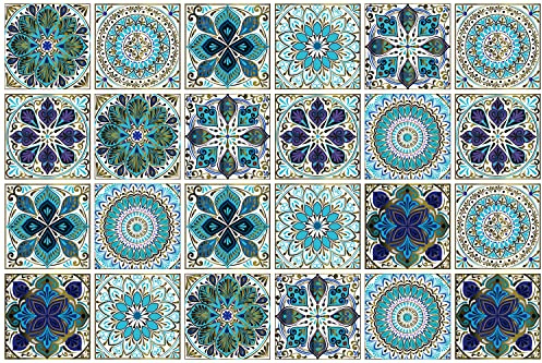 24Pcs Peel and Stick Tile Stickers, 4x4 Bathroom & Kitchen Backsplash Tile Decals Waterproof Self-Adhesive Square Vinyl Wall Decals Mandala Style Wall Decor (Best When adhered to Tiles