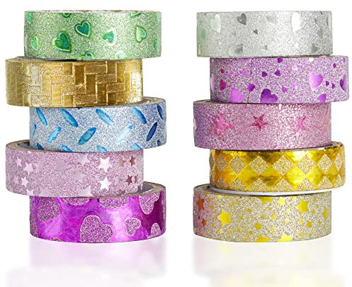 CGLRybO 10 Rollen Glitzer Washi Tape Set, Farbmaskierungsband Gemustert Papierbänder für Weihnachten DIY Dekor Bullet Journals, Scrapbooking & Bastelbedarf (10 Rollens Gemustert Flash)