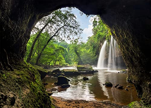 BELECO 3x2m Fabric Tropical Forest Waterfall Backdrop Mountain Cave Waterfalls Green Trees Lake Nature Background Wallpaper Outdoor Travel Adventure Hiking Camping Portrait Studio