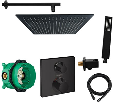 vanvilla Duschsystem mit Unterputz Duscharmatur von Hansgrohe und vanvilla Regendusche mit Armatur, Duschkopf eckig, Dusch-SET HGS03-XL schwarz matt beschichtet