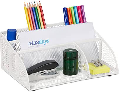 Relaxdays Schreibtisch-Organizer, 5 Fächer, Mesh Design, Metall, HBT: 10,5 x 25,5 x 17 cm, Utensilienbox fürs Büro, weiß
