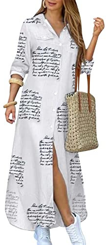 YMING Femme Robe Décontractée Manches Longues Chemise Boutonnée Robe Fendue Devant Lettre L