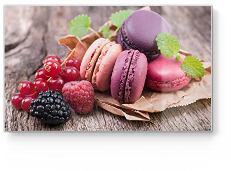 DEQORI Frühstücksbrett Glas | klein 23x14 cm | Motiv Macarons und Beeren | Design Schneidebrett für Küche | Frühstücksbrettchen antibakteriell & rutschfest | Glasplatte & Servierplatte