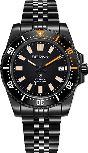BERNY Taucheruhr für Herren AR-Beschichtung Saphirglas drehbare Lünette Automatische Armbanduhr mit einschraubbarer Krone 20ATM Wasserdicht Edelstahl Armband Uhren Super Leuchtend Schwarz
