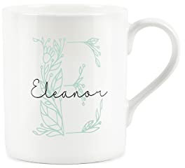 Personalised Mug, Custom Birthday Gift Mug, Name Bone China Mug, Floral Green Letter E Mug - Small Coffee Tea Mug Present Personalised Initial Gift
