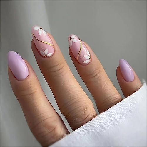 Lot de 24 faux ongles violets avec fleurs d'amande à presser pour femmes et filles
