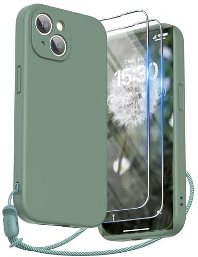 SURPHY Design for iPhone 15 Case, Liquid Silicone Protection for Each Lens [2 x Screen Protectors & 1 x Lanyard] Shockproof Cover for iPhone 15 6.1 inch 2023, Cypress