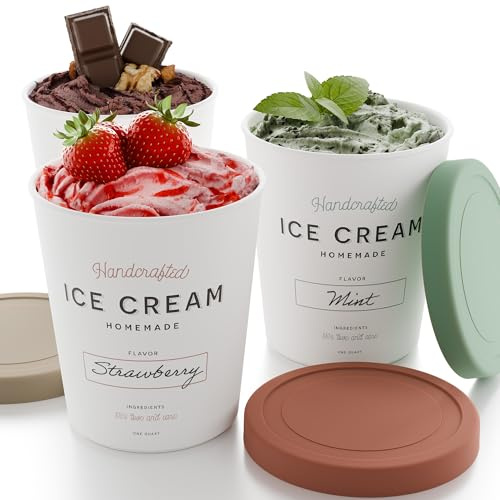 ZICOTO Set mit 3 wiederverwendbaren Eisbehältern, ca. 1 Liter, perfekt für hausgemachtes Sorbet, gefrorenen Joghurt oder Gelato – stapelbare Aufbewahrungsbehälter, Aufkleber und Deckel lassen sich