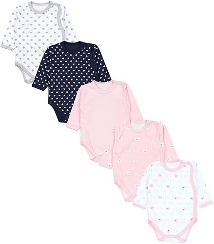 TupTam Baby Body Langarm – Wickelbody Langarm im 5er Pack aus Baumwolle für Mädchen und Jungen, Farbe: Bärchen Rosa Weiß Herzen Dunkelblau Sterne Grau Apricot, Größe: 74