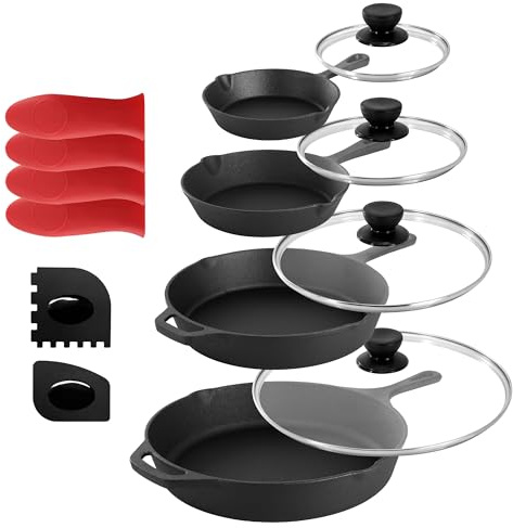 MegaChef 13 Piece Pre-Seasoned Cast Iron Skillet Set with Temperd Glass Lids and Silicone Holders