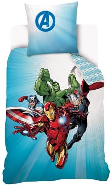 Marvel - Housse de couette Avengers Originals 140x200 cm + 1 Taie d'oreiller 63x63 cm - 100% Coton - Bleu et Blanc