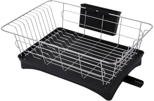 BTGGG Black Dish Drainer with Swivel Drainage Spout Drain Board, Wire Steel Kitchen Dish Drying Rack Organizer with Handles, Dish Rack, Dish Drainers, Black, 42 x 28 x 15 cm