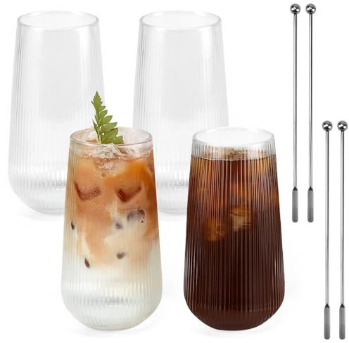 Kleemeiero 4 PCS Vasos de Cristal para Agua 500ml, Vasos de Vidrio para Cafe Bebidas, Vasos Latte Macchiato, Vasos de Cóctel con 4 Varillas agitadoras de Acero Inoxidable, Vasos de Cristal para Zumos