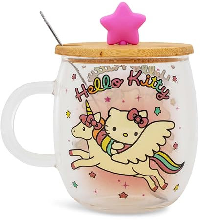 Sanrio Hello Kitty - Taza de vidrio con tapa y cuchara de estrella | Capacidad para 17 onzas