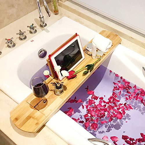 asdchZen Tablett-Badewannen-Caddy-Tablett – Badewannenregal Mit Weinfächern Und Buchhalter, rutschfest, Badewannentablett Mit Glas Und Telefonhalter, Geschenkidee Für Die Liebe (35)