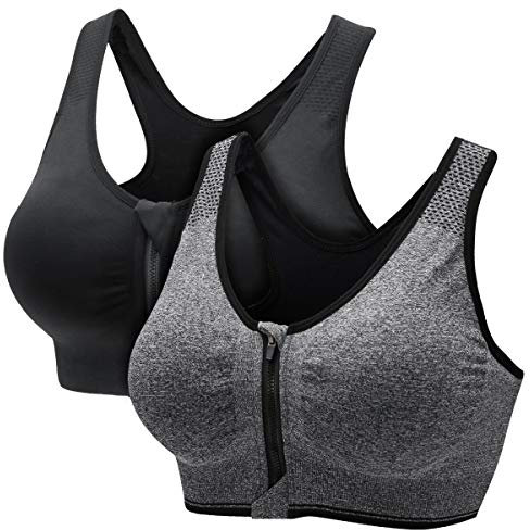 CARETOO Women's Sports Bra Front Zip Wireless Bras Shock Absorber Sports Bra, Stress Training Yoga Bustier with Removable Pads for Running Gym Fitness (Black & Grey, XL)