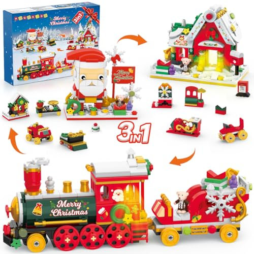 HOGOKIDS Set da costruzione natalizio 3 in 1 con luce a LED, 403 pezzi, treno festivo/Babbo Natale/casa di Natale, mini set di blocchi da costruzione con adesivi, decorazione per la casa di Natale,