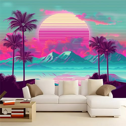 Art Fototapete Palmen Und Berge 300 x 210 cm Kinderzimmer Wolken und Sonnenuntergang im 80er-Jahre-Stil Vlies Tapete Moderne UV-Beständig Montagefertig Wohnzimmer Esszimmer Wandtapete