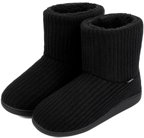 GURGER Hüttenschuhe Herren Hausschuhe Warm Plüsch Gefüttert Hausstiefel Winter Strick Gestrickte Hüttenstiefel Hauss Pantoffeln Rutschfeste Feste Sohle für Männer Schwarz Größe 42 43