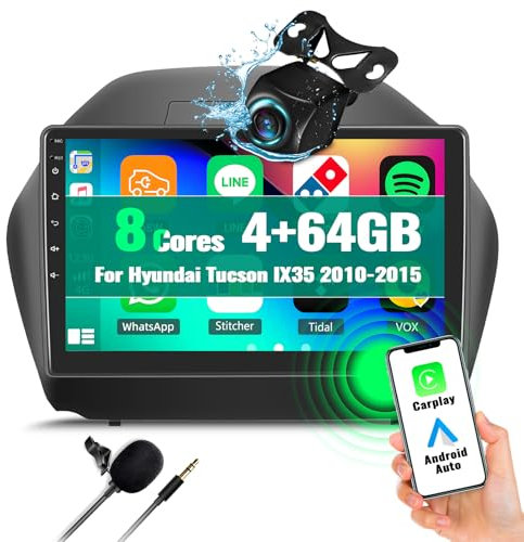 OiLiehu 4+64G 8 Kern Android 13 Carplay Android Auto Doppel Din für Hyundai Tucson IX35 2010-2015 Autoradio Mit Bildschirm 10.1 Zoll mit Bluetooth GPS FM RDS WiFi SWC DSP/EQ + Rückfahrkamera