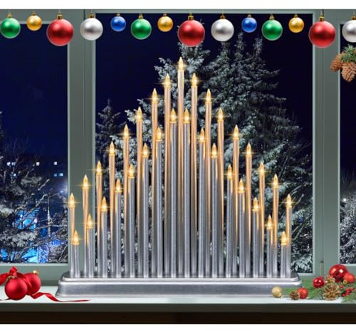 Trendi 33 Warm White LEDs Candles Bridge |Main Powered Plastic Pipe Tube Tower| Holiday Indoor Festive for Christmas | Modern Faux Xmas Decoration for Window Sill, Table (Silver 33 LED Candle Bridge)