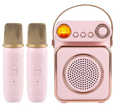 Qukaim Mini Karaoke Machine Wirel Microphone and Speaker Set, 2 Microphones, Rechargeable, LED Color Night Light, Portable BT Speaker for Home, Fitn, Outdoor, Birthday Party