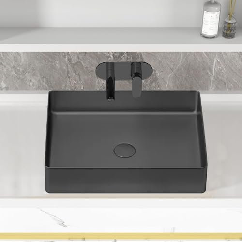 QFGain Lavabo da Appoggio per Il Bagno, Lavandini Rettangolari in Acciaio Inox, con Tappo di Scarico A Scomparsa, Lavabo Rettangolare per Lavamani da Hotel, Moderno Lavabo da Appoggio,Black