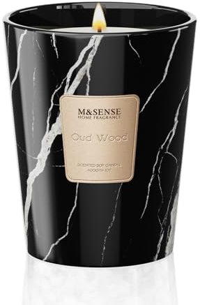 M&SENSE Duftkerze im Glas Groß 400g|Oud-Holz Duft|75h Brenndauer & 3 Docht|Natürliche Sojawachs Duftkerzen|Entspannende Aromatherapie | Geschenk für Frauen & Männer,Modern Marble Jar