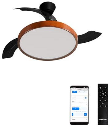 CREATE / WIND CLEAR STUDIO M/Ventilador de techo con luz negro y madera oscura con Wifi y mando / 40W, Temporizador, Ø 108 cm, aspas retráctiles, 3 temperaturas de luz, función verano-invierno