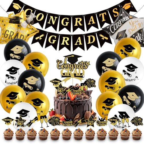 Abschluss Deko, Abschlussfeier Deko 36 Stück, Graduation Abitur Schulabschluss Deko Set, Schwarz Gold Glückwunsch Abschluss Banner Luftballons Cake Topper für Abi Graduierung Party Dekorationen