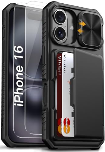 Vihibii for iPhone 16 Case with [2X Screen Protector], Built-in Card Holder (4 Cards), [RFID Blocking] & Slide Camera Cover & Tempered Glass Films, Rugged Wallet Case for 16 5g, Black