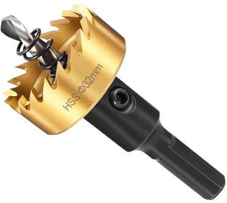 METALLIXITY Hole Saw 32mm 1-1/4 4241 High Speed Steel for Metal Gold | Hole Cutter with Center Drill Bit, Hex Key and Spring for Plastic, PVC Boards