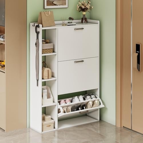 Ztexkee Schuhschrank mit 3 Klappen Schuhkipper Schmal Schuhschrank mit 3 Flip-Schuhregal und 4 Ablagefächer platzsparender Schuhregal für 18-24 Paar Schuhe für Eingang Flur, 80x24x122cm Weiß