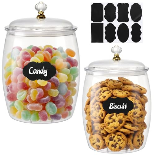 YEXEXINM 2 Pcs Cookie Jar with Airtight Lid, 3.8L+2.2L Clear Plastic Storage Jars Biscuit Cookie Jar with Labels, Large Food Container for Kitchen Sweets, Coffee, Sugar, Oats Flour