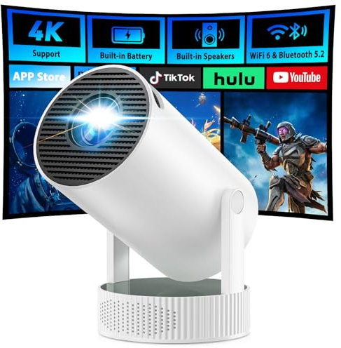 Mini Projector, 4K Support Smart Projector with Rechargeable Battery, Movie Projector with Speaker, Auto Vertical Keystone 220° Rotatable Portable Video Projectors for Outdoor Home Bedroom