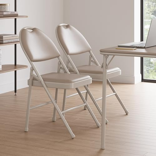 Klappstuhl 2er-Set, Mit PU-Leder Gepolstert Für Sitz Und Rücken, Stapelbarer Metall-Klappsessel, Gartenstuhl & Gästestuhl Für Wohnzimmer Veranstaltung Büro Esszimmer Balkon, Bis 160 kg, Beige