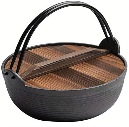 Japanese Style Cast Iron Sukiyaki Tetsu Nabe Pot with Wooden Lid and Handles,Nabemono Hot Pot(29cm)