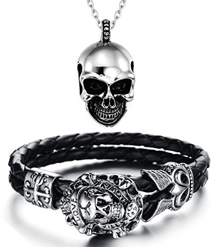 Aroncent Totenkopf Armband Halskette Anhänger: Herren Schädel Kette Lederarmband Armreif Leder Wickelarmband Edelstahl Armband Gotik Punk Halskette Schwarz Silber