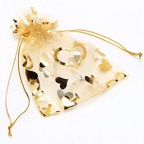 YFZYT 100 Stück Organzabeutel Organzasäckchen, Liebes-Herz Organza Bags Hochzeit Säckchen Bonbonsbeutel Candy Bags mit Drawstring für Geschenke Schmuckaufbewahrung Verpacken - 17x23cm, Gold