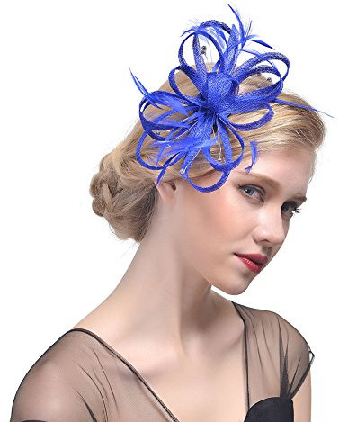 Amorar Damen Fascinator Hair Clip Hut Bankett Hut Stirnband Feder Blume Schleier Bowler Braut Hut für Cocktail Hochzeit (Blau)