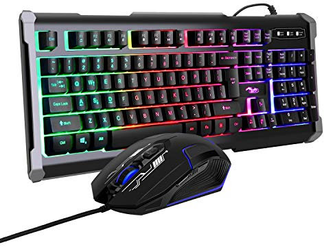 BAKTH Gaming Keyboard and Mouse Set, Rainbow LED Lighting QWERTY US Layout, Waterproof Illuminated Keyboard and Mouse with 4000 DPI for Pro PC Gamer