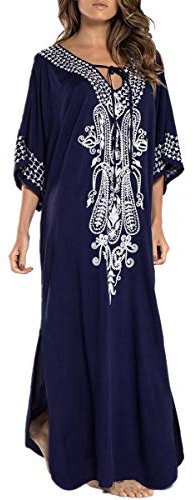 L-Peach Women's Kimono Long Dress Maxi Kaftan Summer Beach Boho Cover up Tops Dark Blue