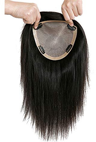 Susanki Haarteile aus 100 % Echthaar, Kronenaufsatz für Frauen mit dünner werdendem Haar, 15,2 x 17 cm, Seiden-Topper mit Clip, 30,5 cm, gebrochenes Schwarz