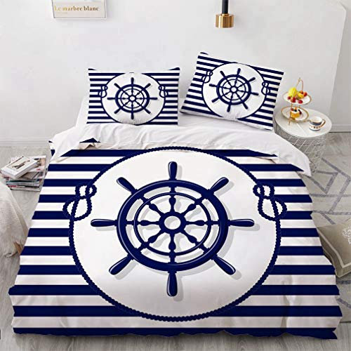 NEWAT Parure de lit sur le thème nautique de l'océan de mer, bateau, ancre, roue, boussole, lampe phare, bouteille de corde, bleu, bleu marine, blanc (D, 200 x 200 cm)